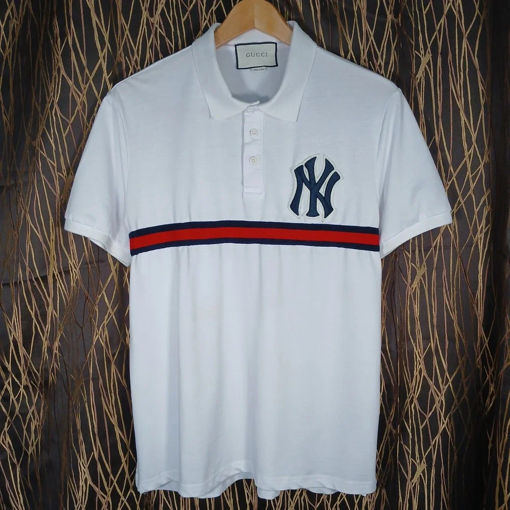 Gucci Polo Shirt Mens XL White NY Yankees Web Stripe Logo Applique 543694